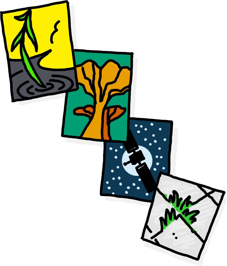 An illustration of the four emblems of Willow’s specifications laid out somewhat like playing cards.